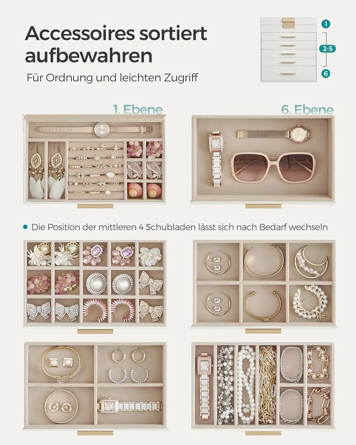 Schmuckkästchen 6 Ebenen Glas weiss von Songmics