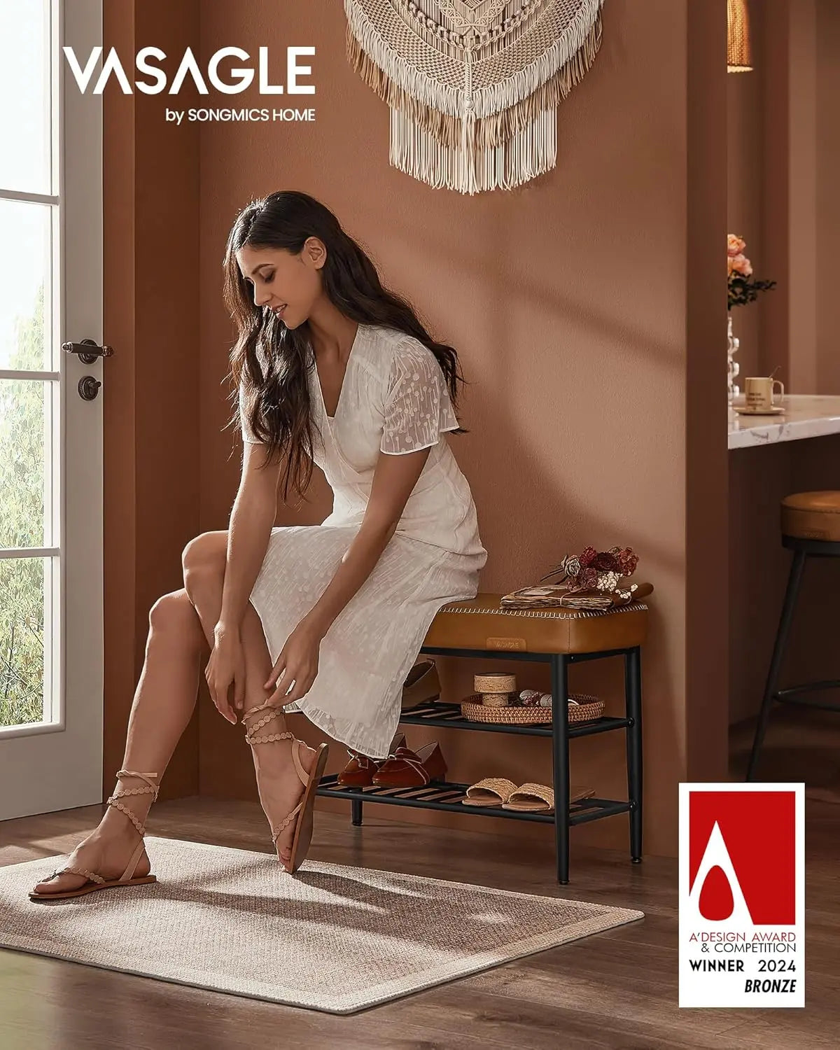 Schuhbank Mid-Century-Modern Kunstleder Karamellbraun von Songmics