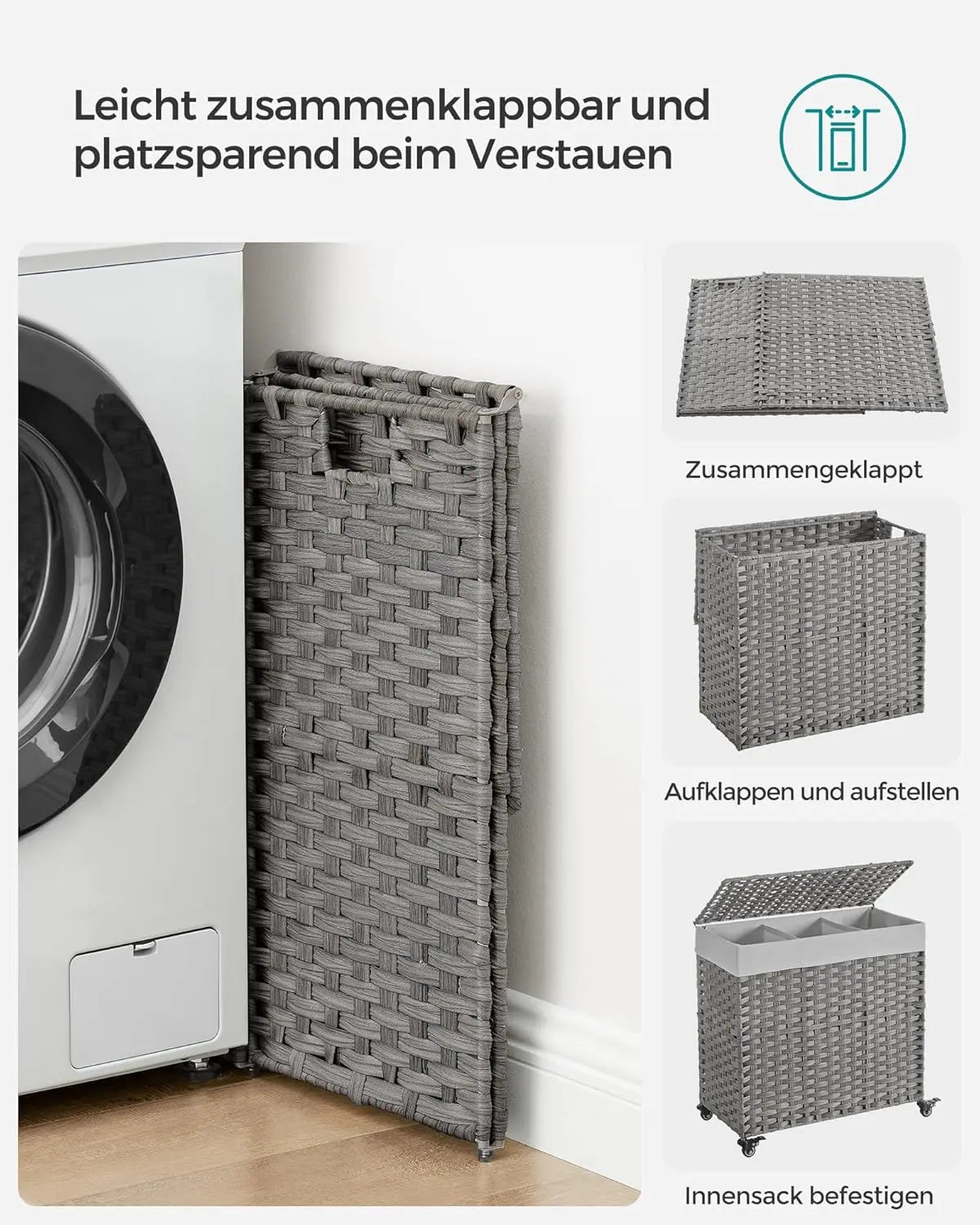 Wäschekorb Rattan-Optik 3 Fächer Grau von Songmics