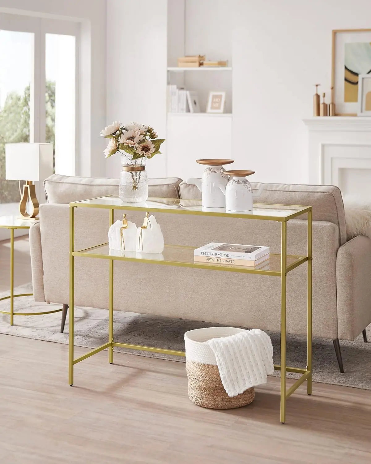 Konsolentisch Hartglas Modern Verstellbar Wohnzimmer Goldfarben von Songmics