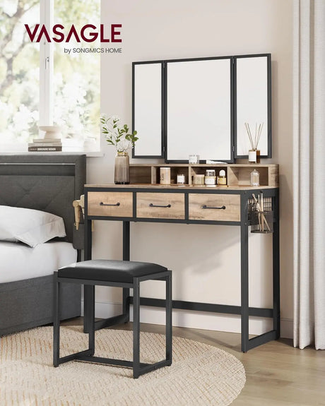 Schminktisch Spiegel Schubladen Hocker Eichenbraun Schwarz von Songmics