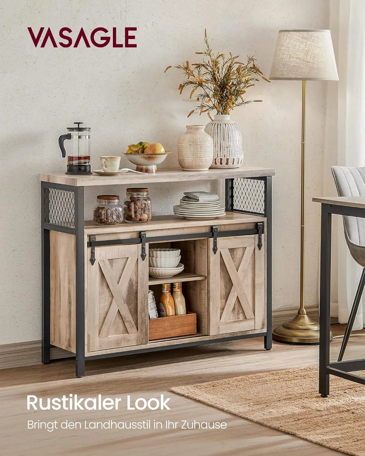 Sideboard Landhausstil Schiebetüren naturfarben Holz von Songmics