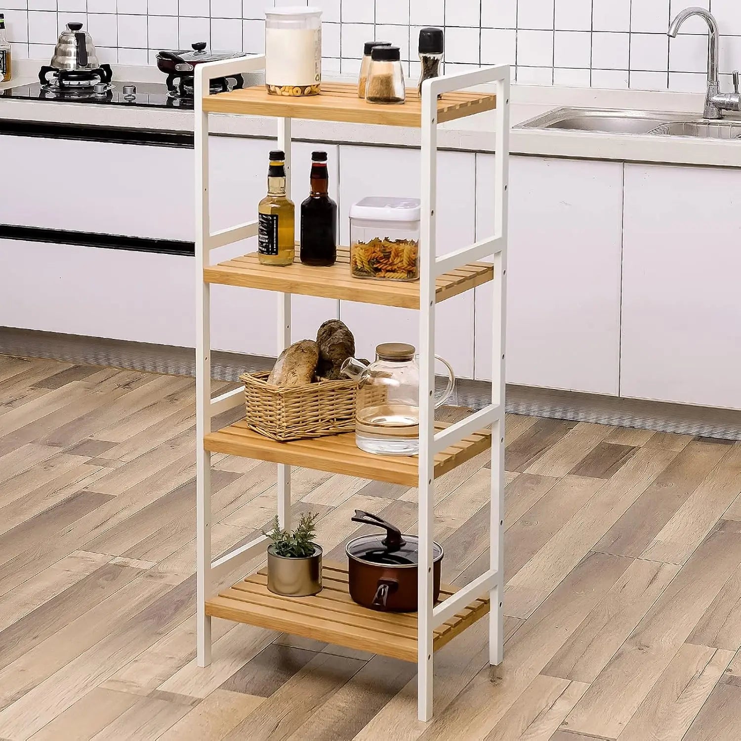 Bambus Standregal 4 Ablagen naturfarben-weiss von Songmics