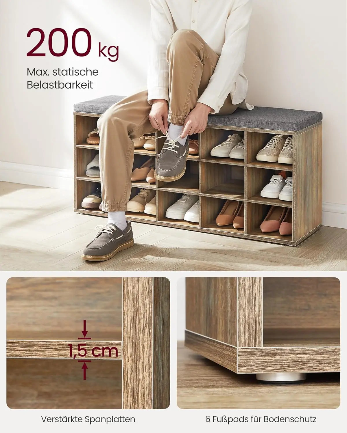 Schuhbank mit Sitzfläche Stauraum Grau von Songmics