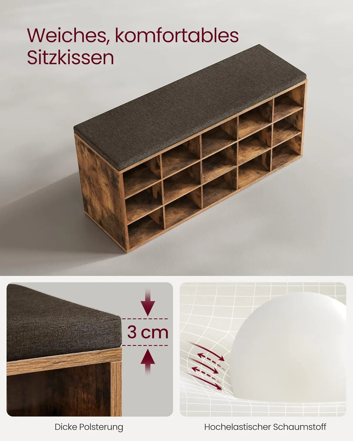 Schuhbank mit Sitzkissen vintagebraun Holz von guteszeug.ch