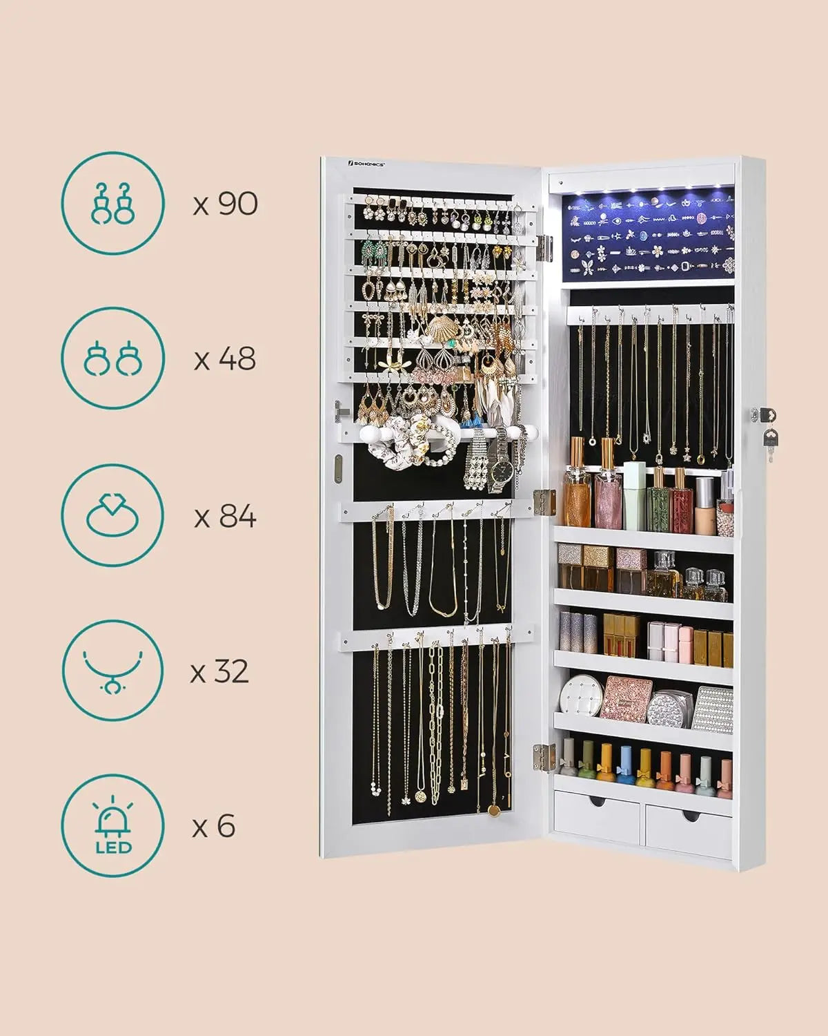 Schmuckschrank mit LED-Spiegel Weiss von Songmics