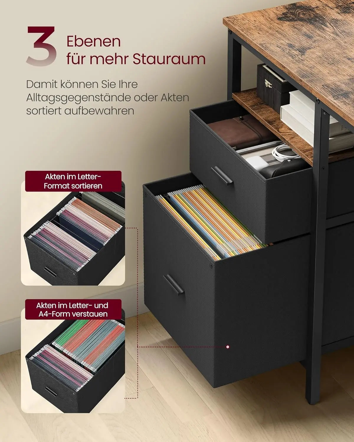 Schreibtisch 140cm Ablagen vintagebraun Holz von Songmics