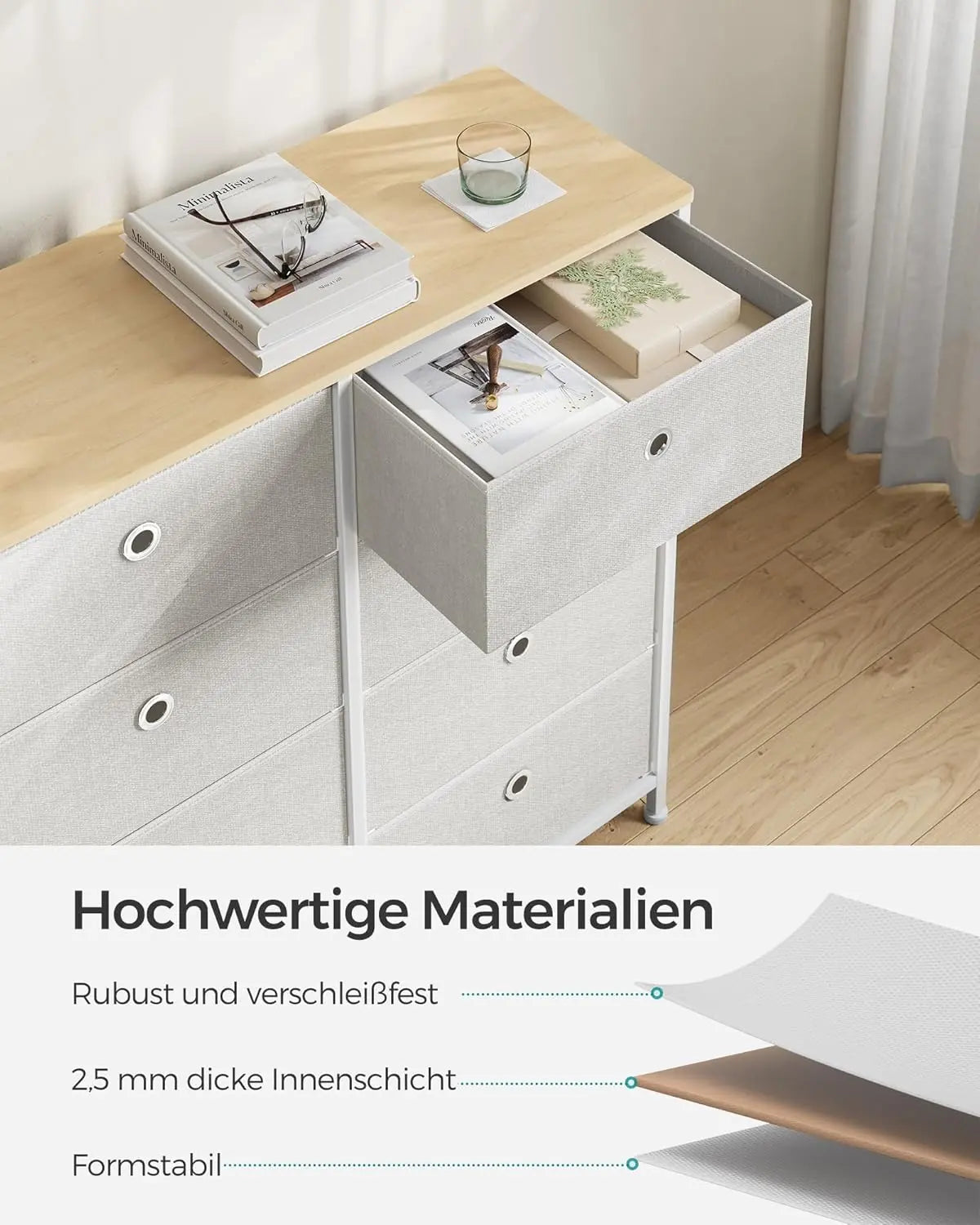 Kommode 8 Schubladen Stoff Creme Eiche von Songmics