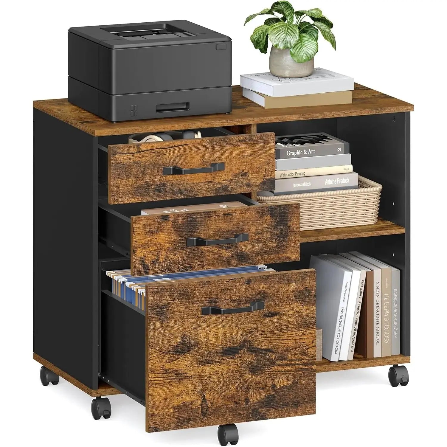 Rollcontainer Aktenschrank mit Schubladen Vintagebraun-Schwarz von Songmics