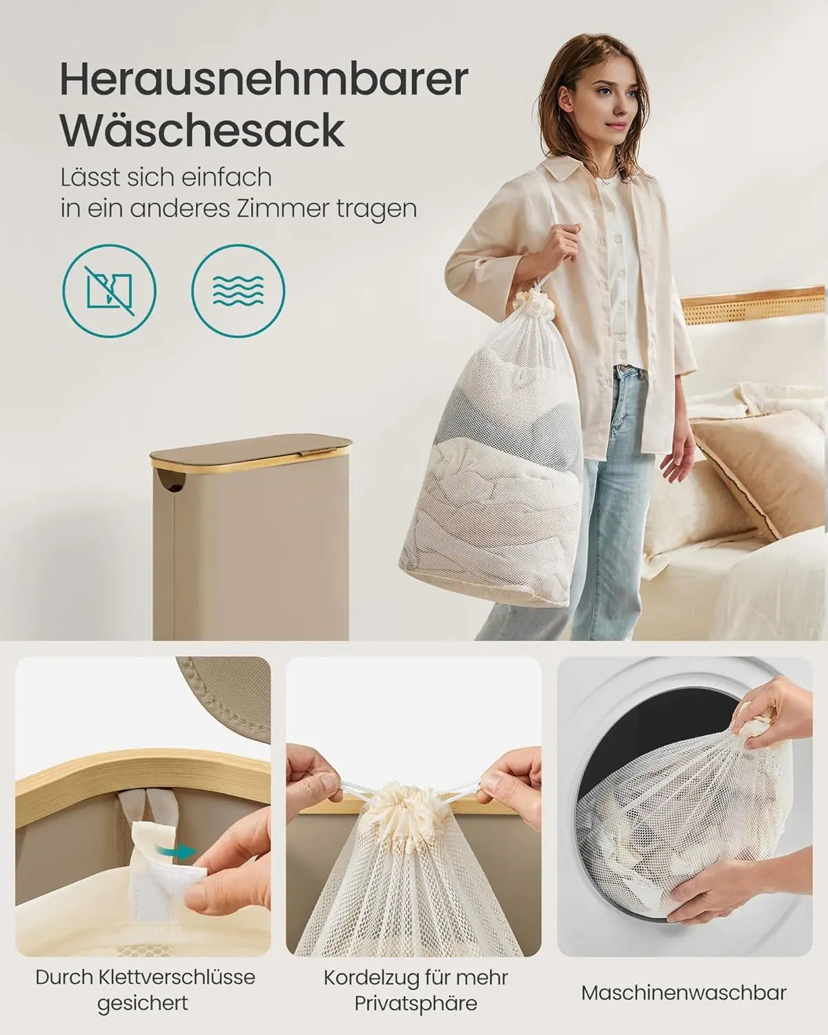 Wäschekorb 65L Bambus kamelbraun Oxford von Songmics