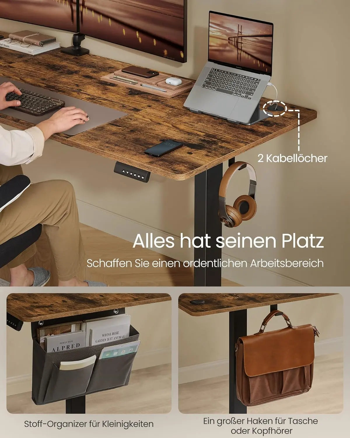 Elektrischer Schreibtisch 180x80 Memory vintagebraun von Songmics