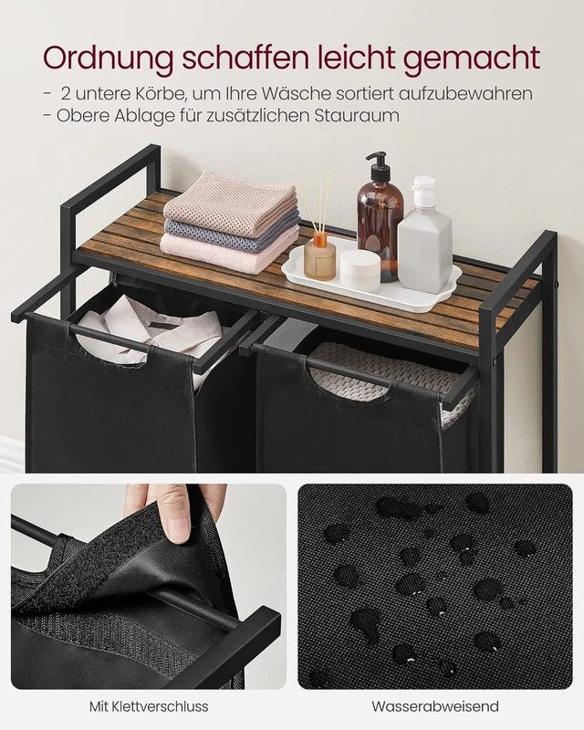 Wäschekorb mit 2 Fächern Ablage, tintenschwarz-vintagebraun von Songmics