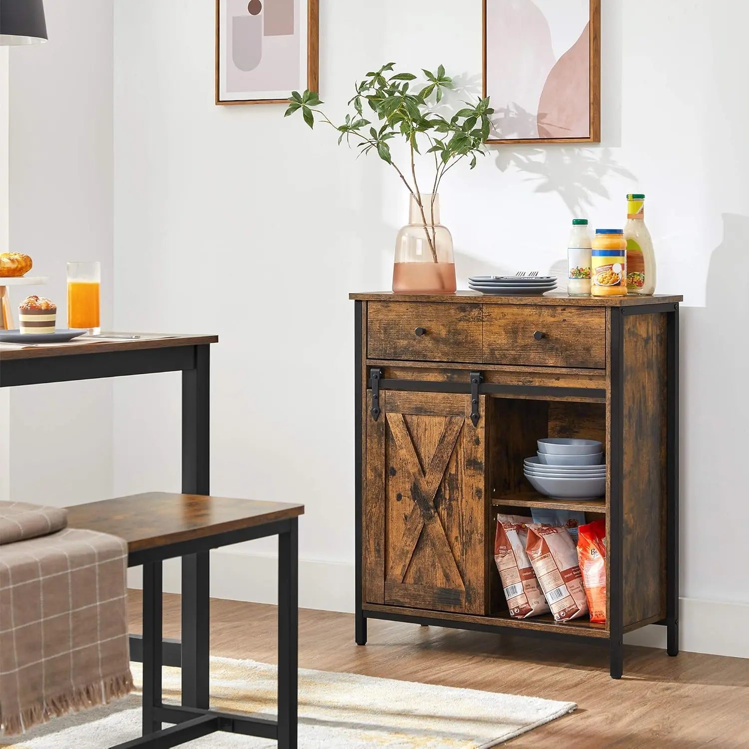 Sideboard Küchenschrank Landhausstil Vintagebraun-Schwarz von Songmics