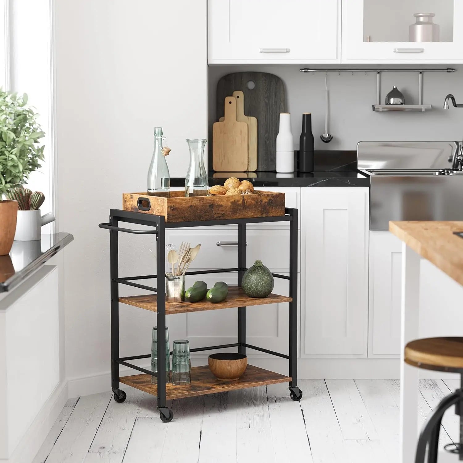 Servierwagen mit Tablett und Rollen vintagebraun von Songmics