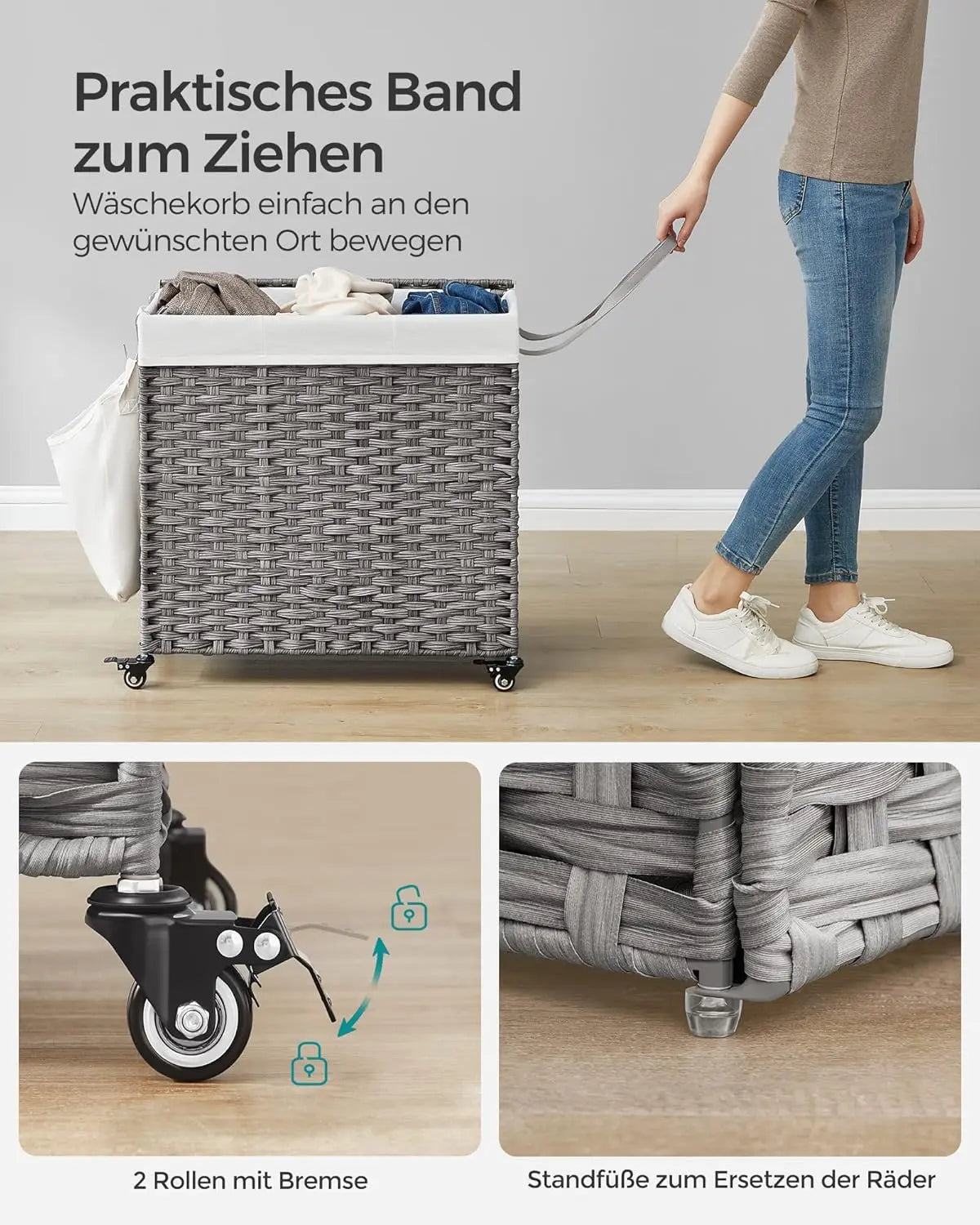 Wäschekorb Rattan-Optik 3 Fächer Grau von Songmics