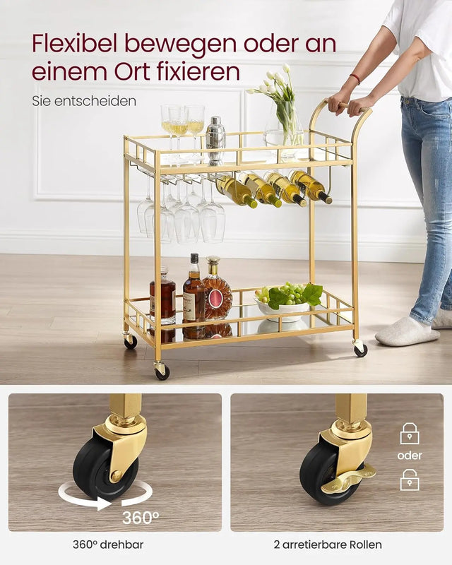 Servierwagen mit Gläserhalter und Glasablagen goldfarben von Songmics