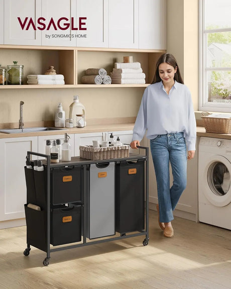 Wäschekorb, Wäscheregal mit Rollen und Ablage kastanienbraun von Songmics