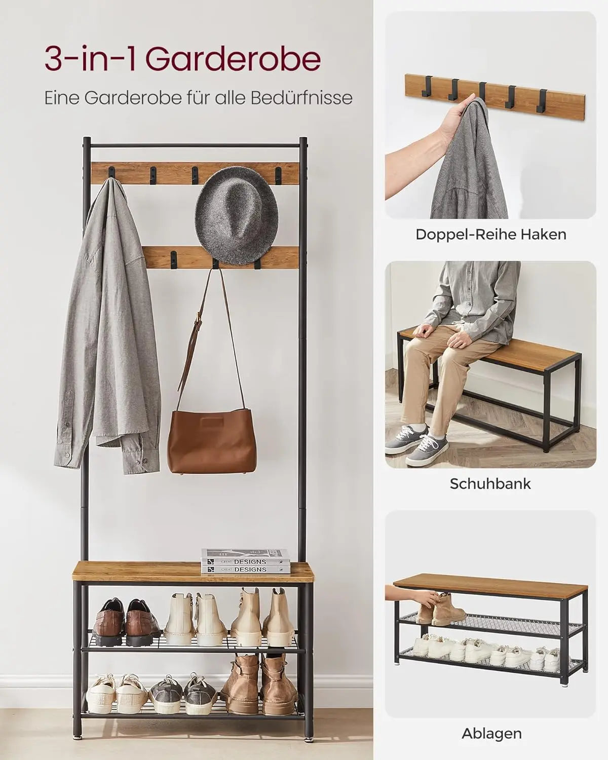 Garderobenständer mit Schuhablagen Industrie-Design Walnussbraun von Songmics