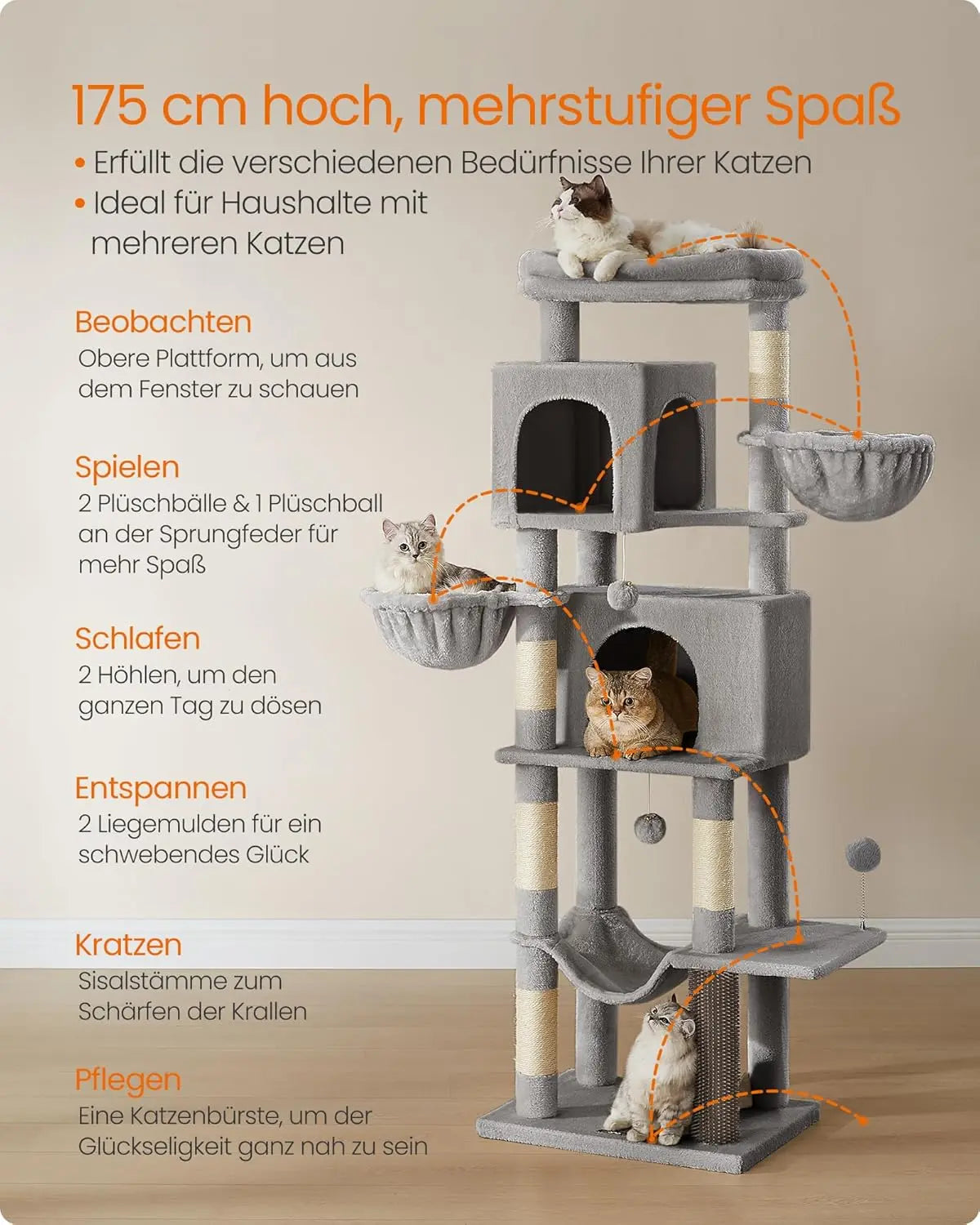 Kratzbaum XL mehrstöckig mit Höhlen Taubengrau von Songmics