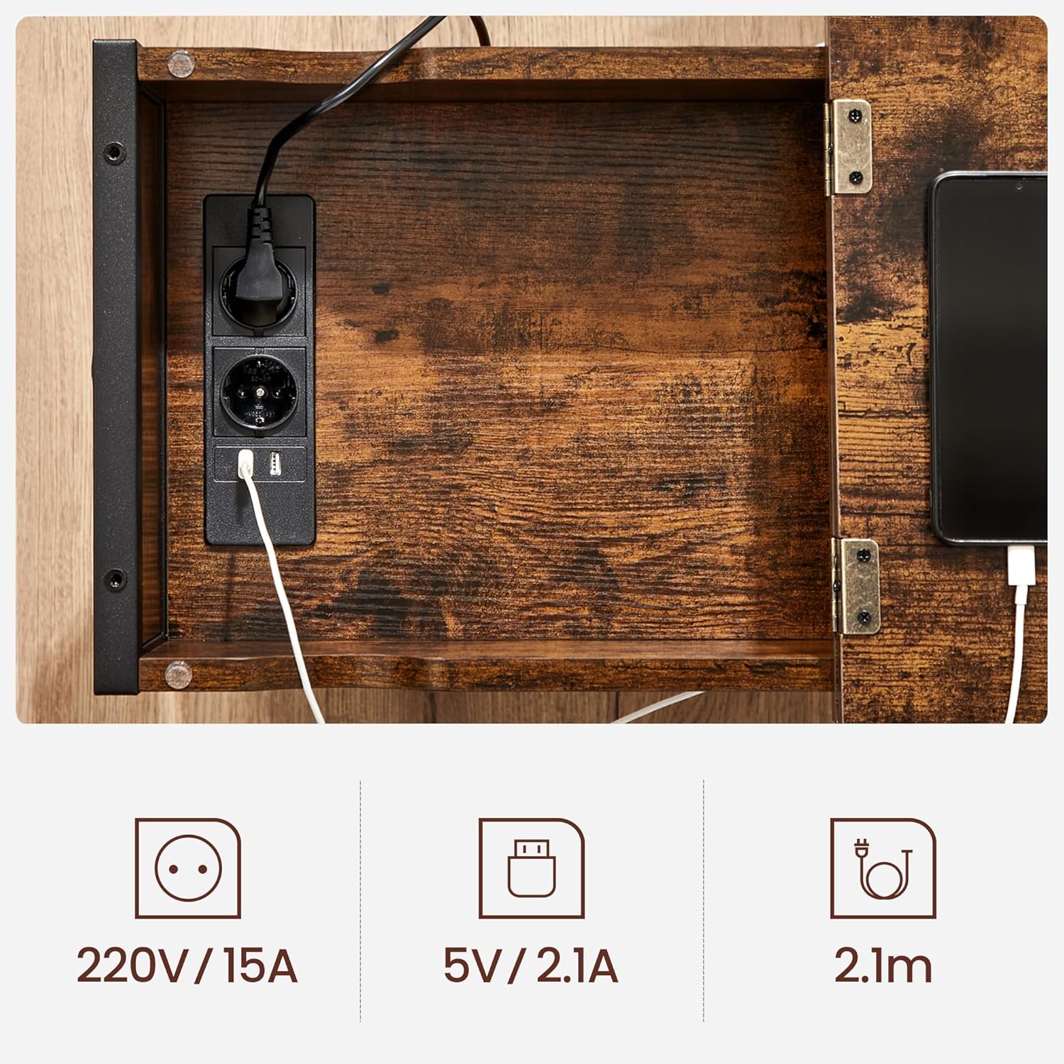 Beistelltisch mit Steckdose USB vintagebraun-schwarz von Songmics