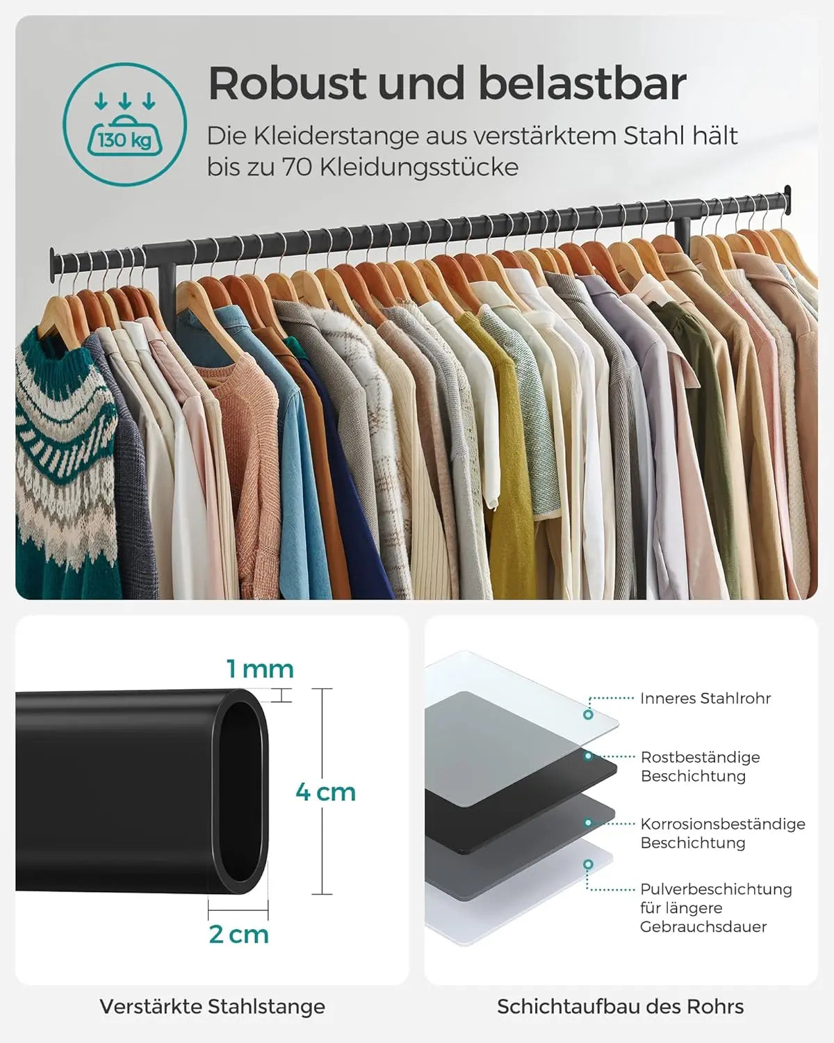 Kleiderständer Rollen Hochbelastbar Ausziehbar Metall Mattschwarz von Songmics