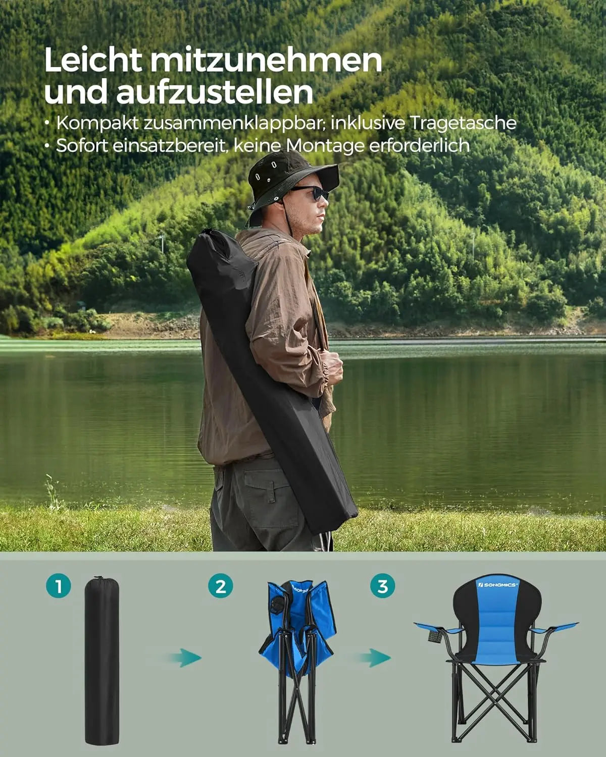 Campingstuhl faltbar gepolstert 250kg Schwarz von guteszeug.ch