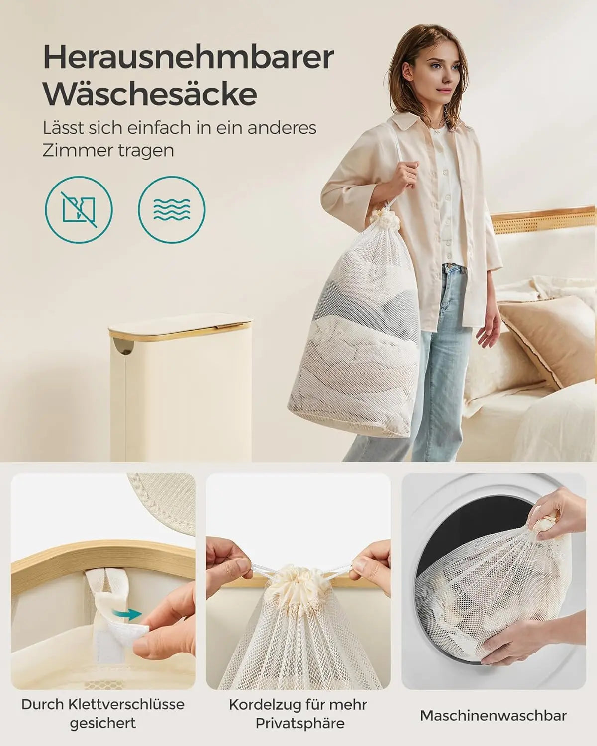 Wäschekorb 65L Bambus cremeweiss Oxford von Songmics