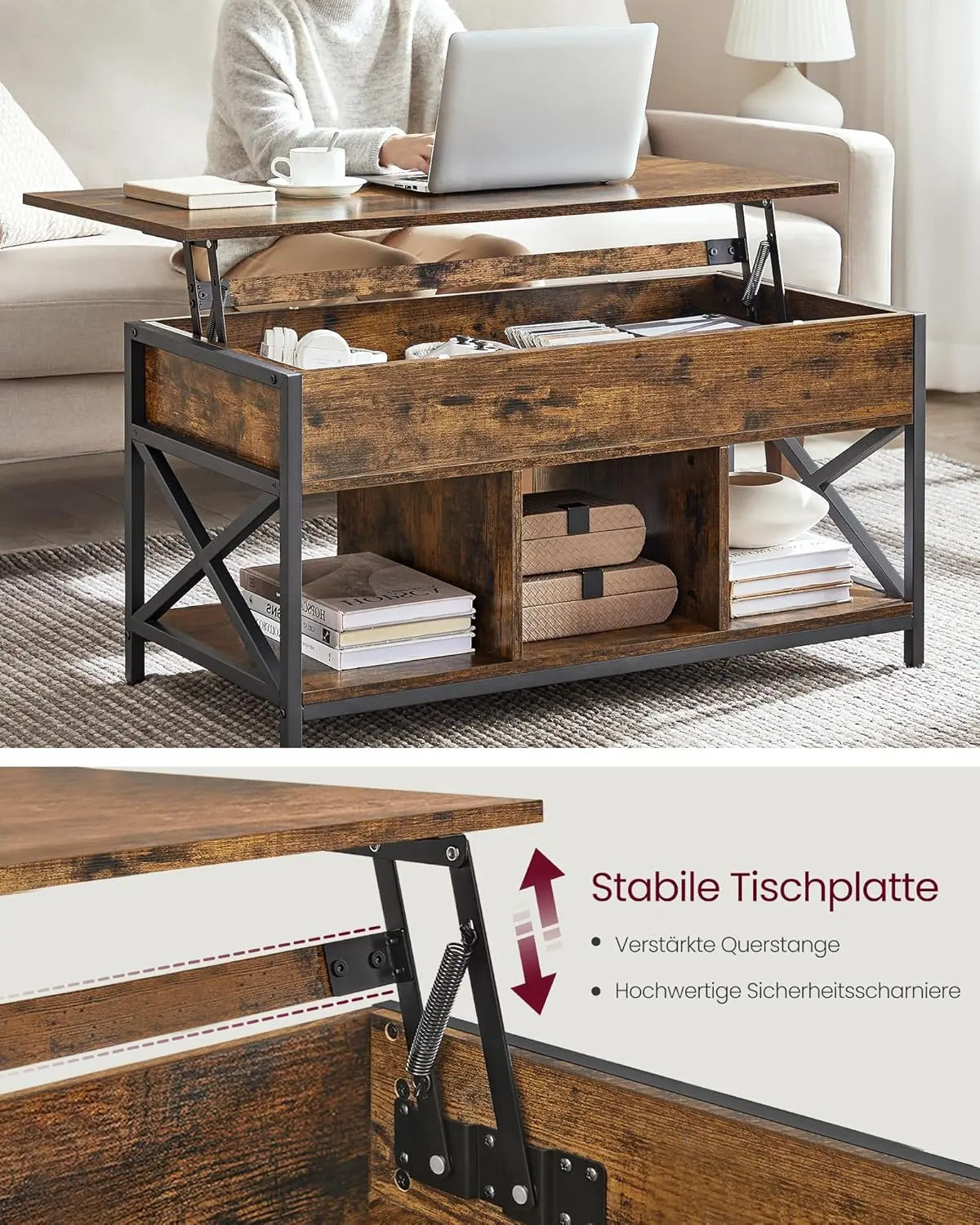Couchtisch höhenverstellbar Stauraum vintagebraun Stahl von Songmics