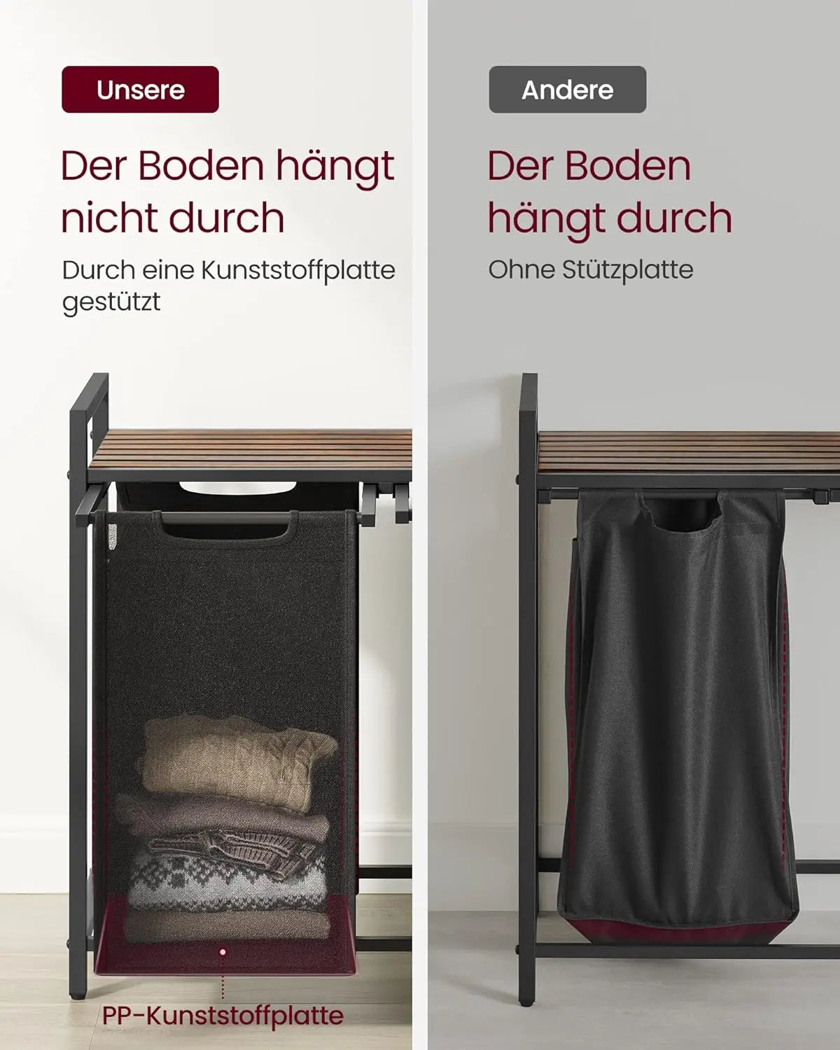 Wäschekorb mit 2 Fächern Ablage, tintenschwarz-vintagebraun von Songmics