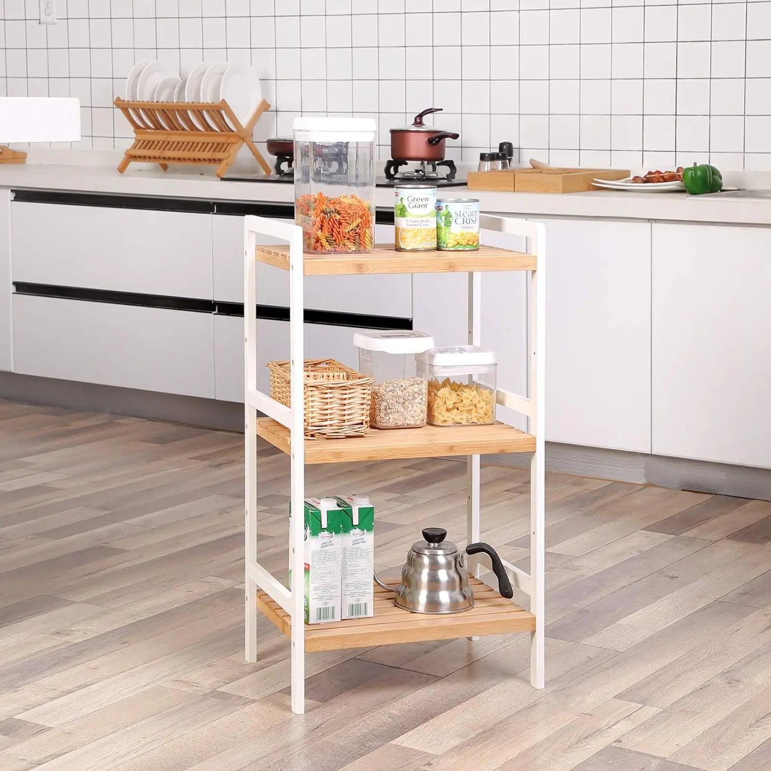 Standregal Bambus 3 Ablagen naturfarben-weiss von Songmics