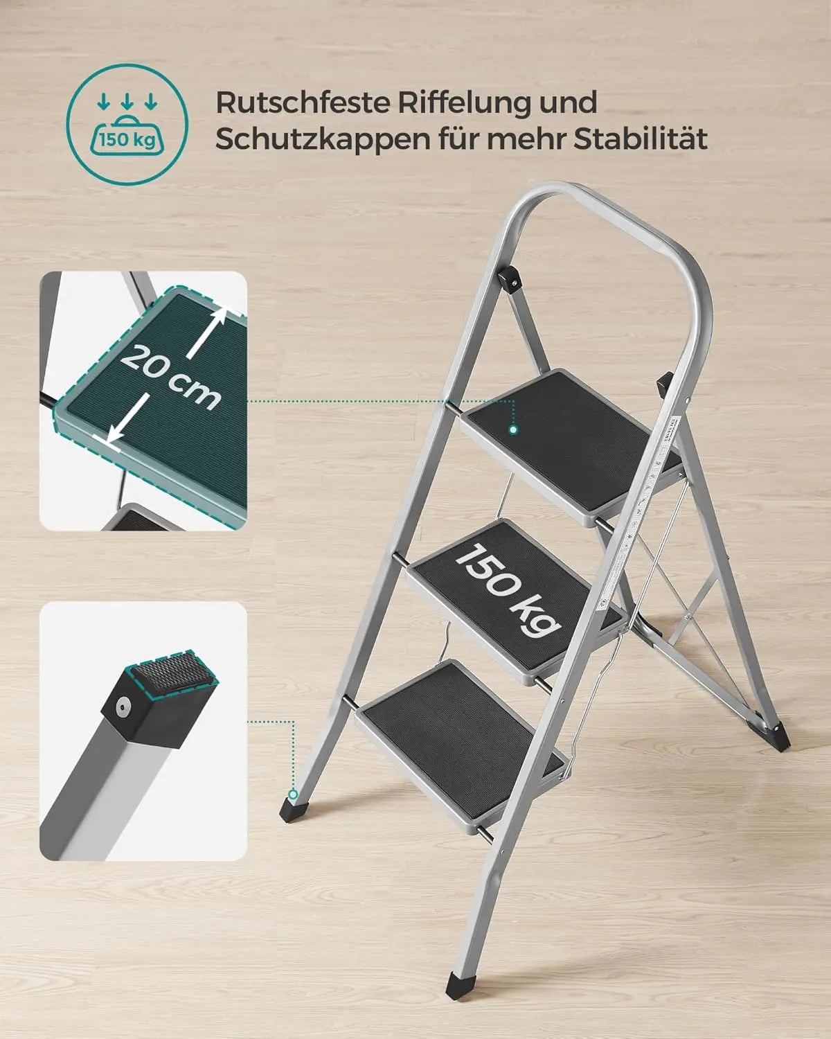 Trittleiter Klapptritt 3 Stufen 150kg Taubengrau von Songmics