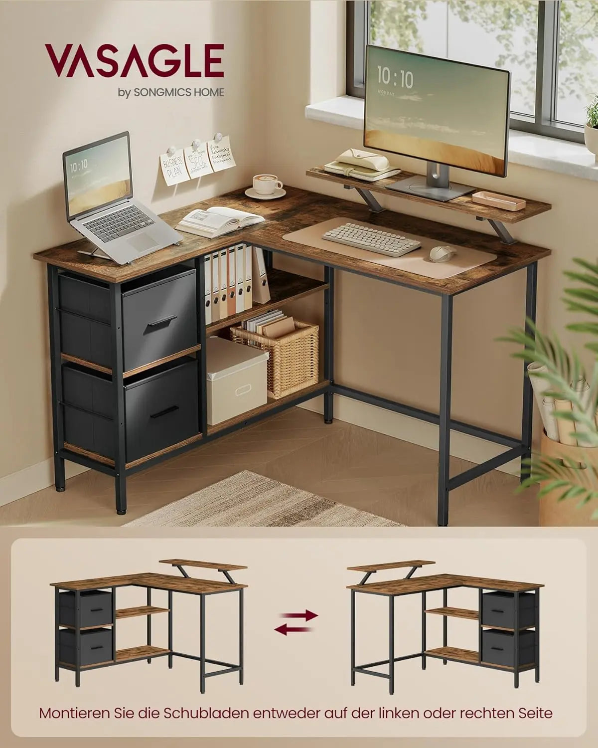 L-Schreibtisch mit Schubladen vintage braun von Songmics