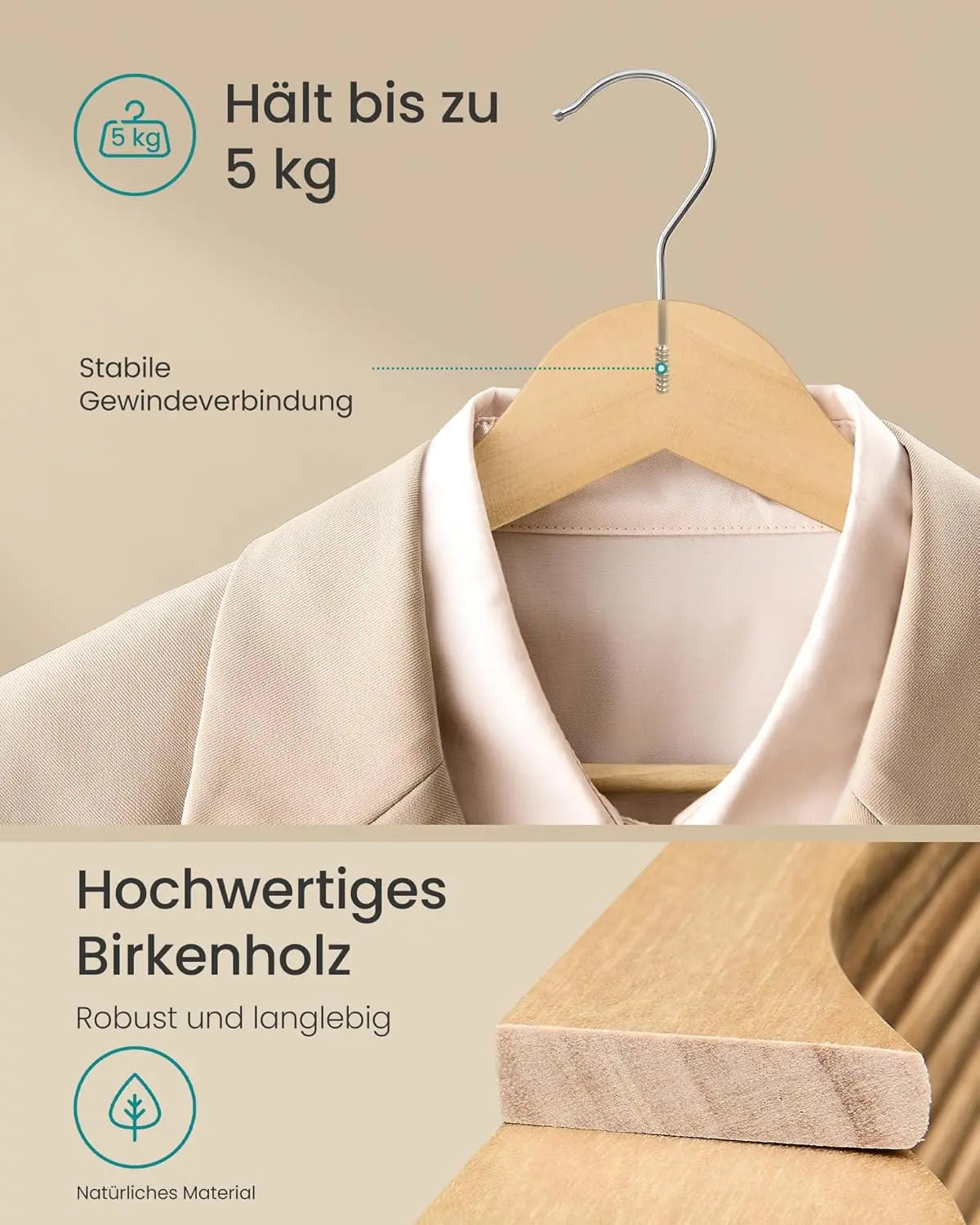 Holzkleiderbügel 30er Set naturfarben Birkenholz von Songmics