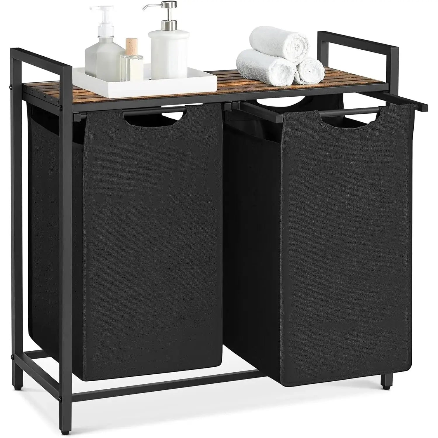 Wäschekorb mit 2 Fächern Ablage, tintenschwarz-vintagebraun von Songmics