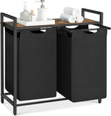 Wäschekorb mit 2 Fächern Ablage, tintenschwarz-vintagebraun von Songmics