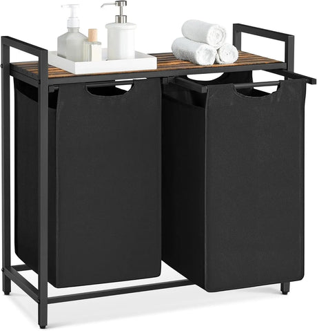 Wäschekorb mit 2 Fächern Ablage, tintenschwarz-vintagebraun von Songmics