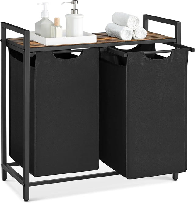 Wäschekorb mit 2 Fächern Ablage, tintenschwarz-vintagebraun von Songmics