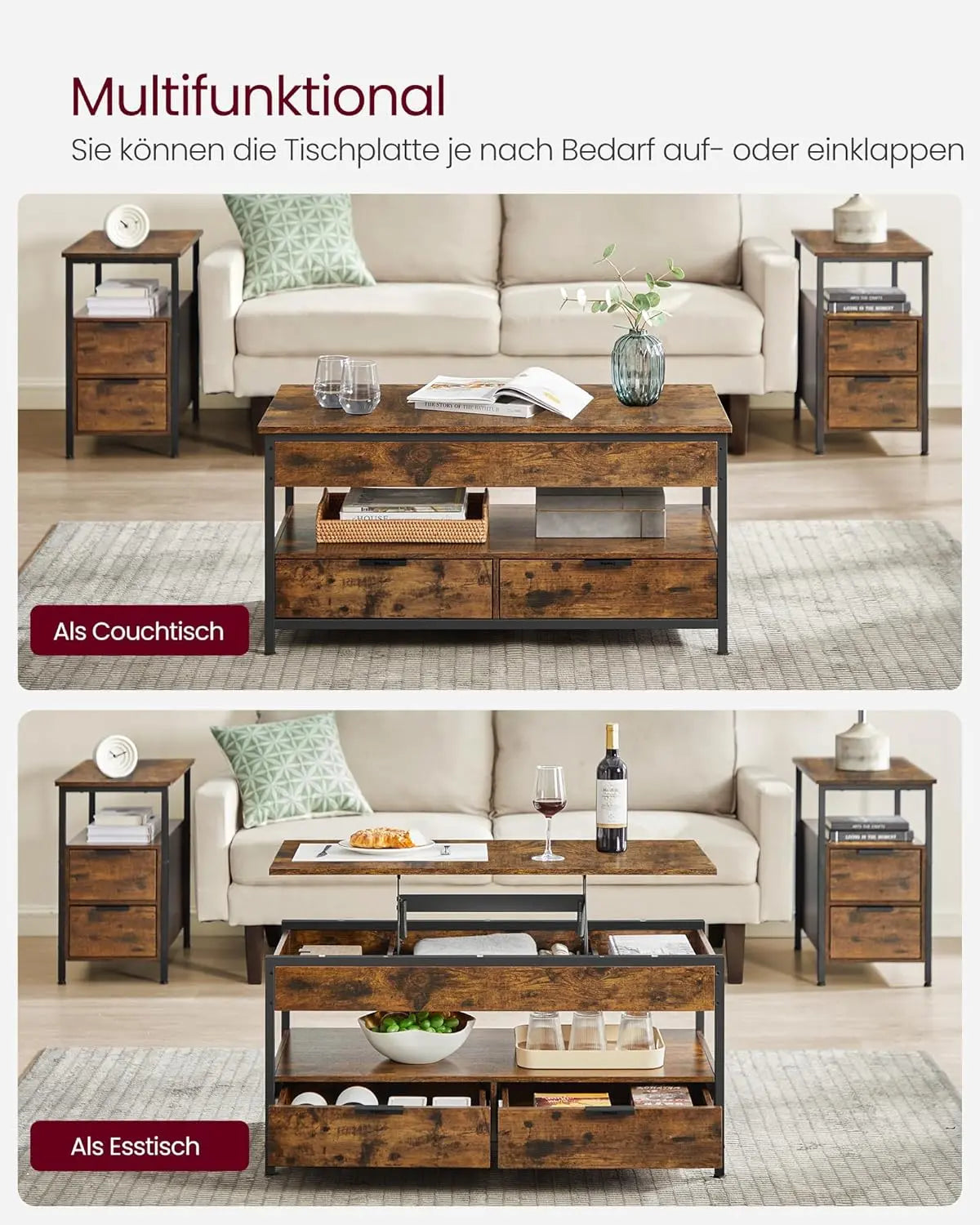 Couchtisch Höhenverstellbar Schubladen Vintagebraun Tintenschwarz von Songmics