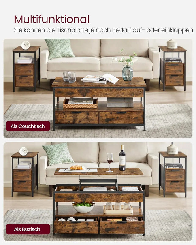 Couchtisch Höhenverstellbar Schubladen Vintagebraun Tintenschwarz von Songmics