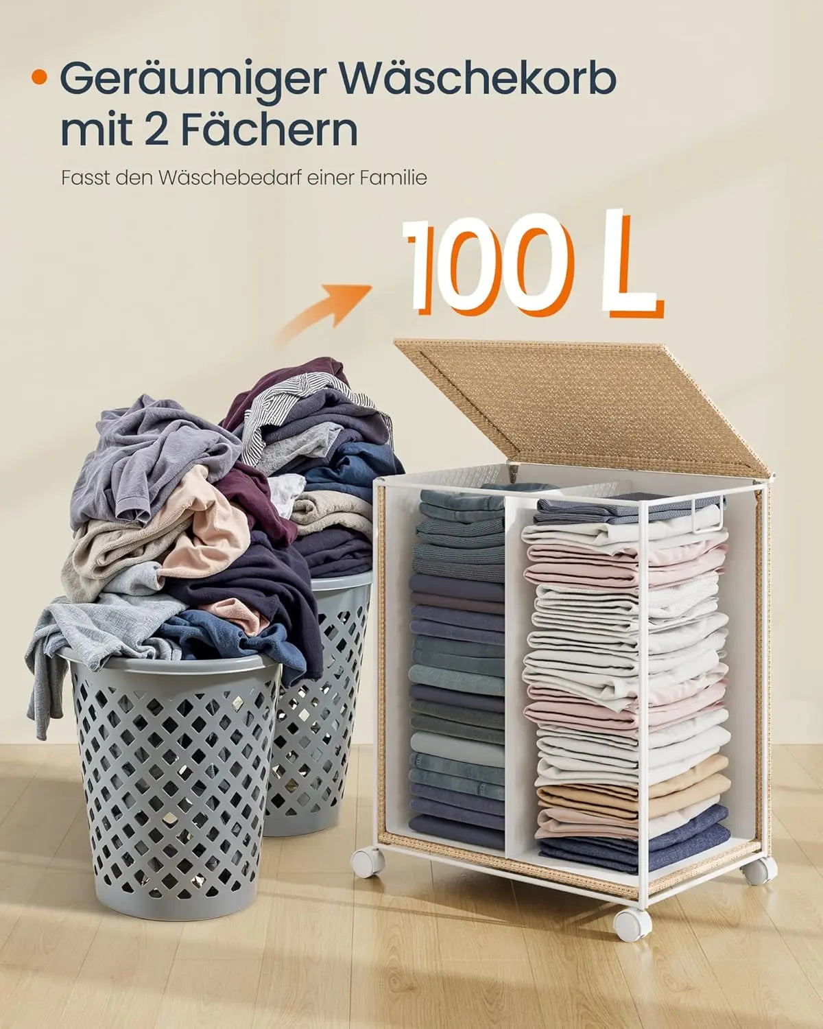 Wäschekorb Rattan-Optik mit Deckel naturbeige von Songmics