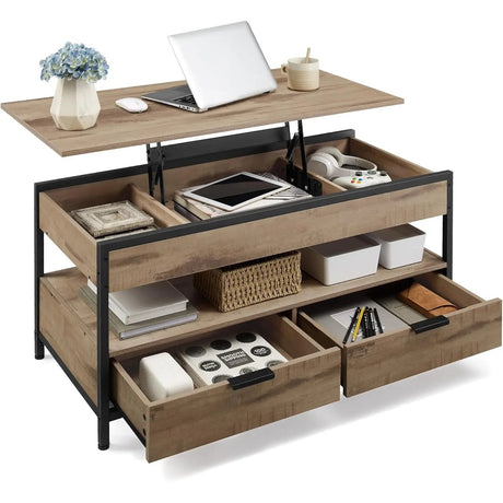 Couchtisch Höhenverstellbar Schubladen Offenes Fach Kamelbraun von Songmics
