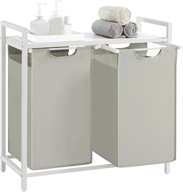 Wäschekorb mit 2 Fächern und Ablage, cremeweiss-mattweiss von Songmics