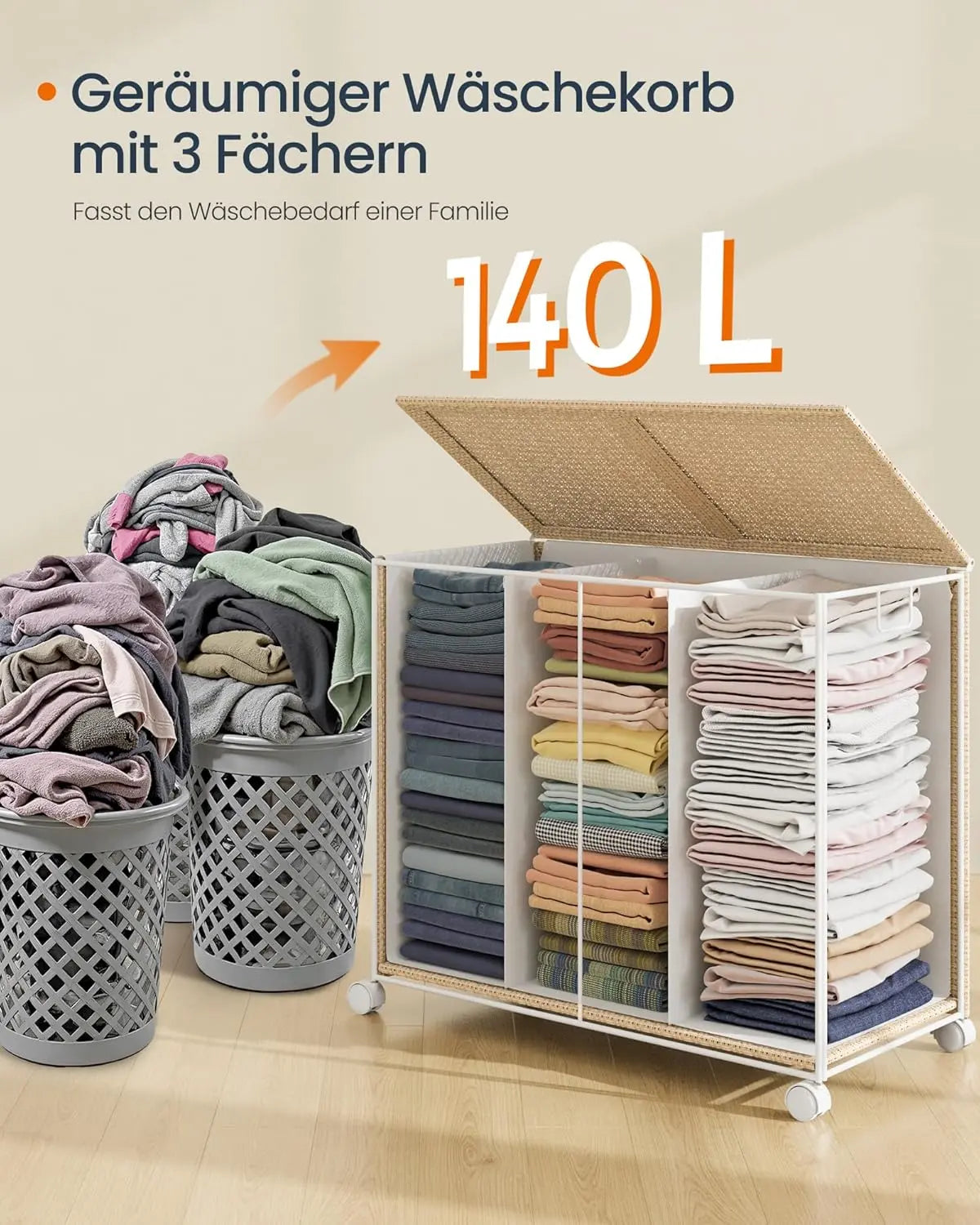 Wäschekorb Rattan-Optik 3 Fächer Naturbeige von Songmics