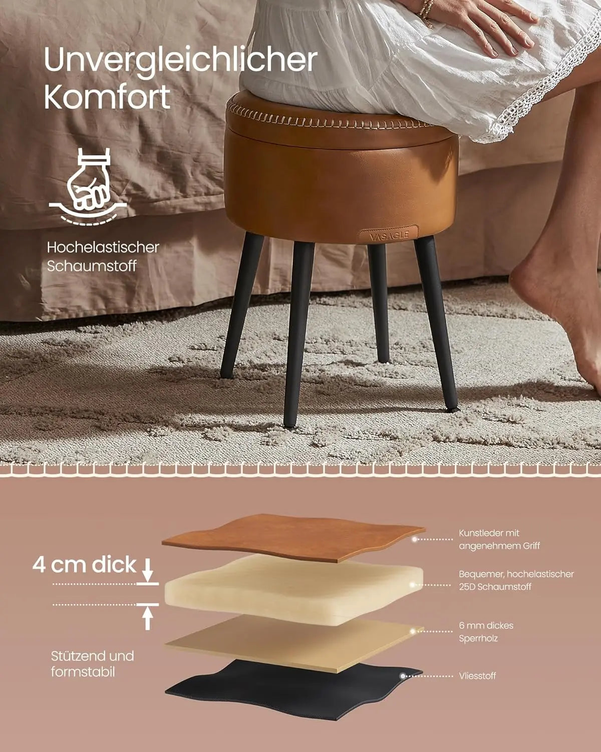 Sitzhocker mit Stauraum rund karamellbraun von Songmics
