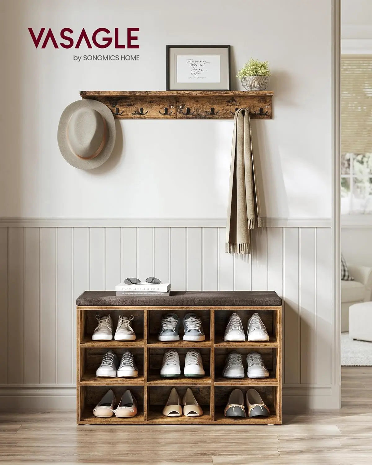 Schuhbank mit Stauraum und Kissen vintagebraun von Songmics