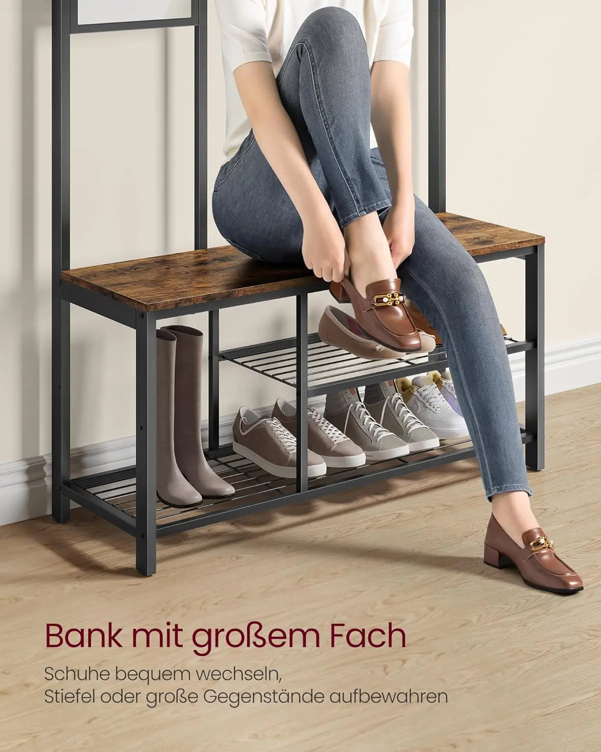 Garderobenständer mit Spiegel Schuhbank Vintagebraun Schwarz von Songmics