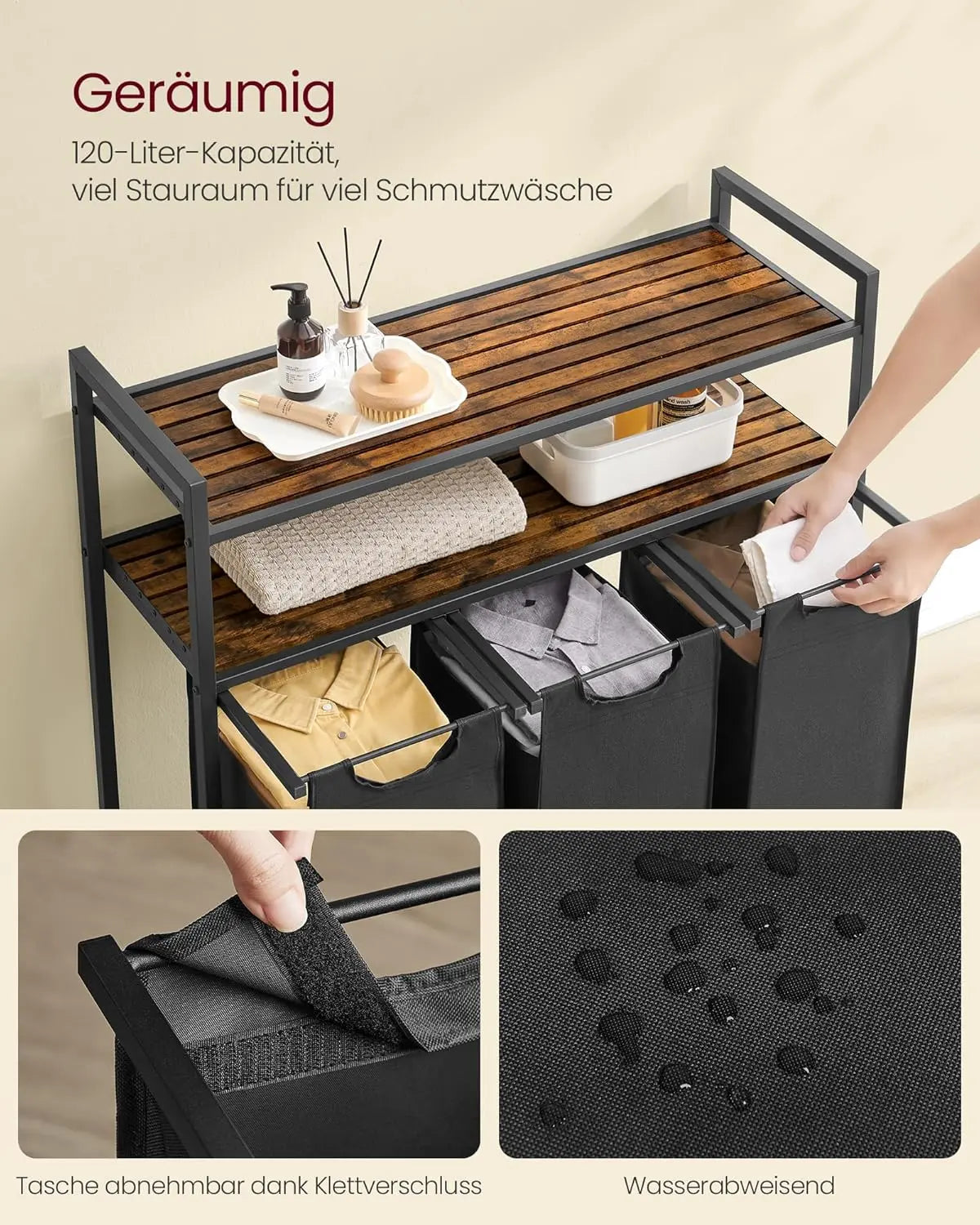 Wäschekorb 3-Fächer ausziehbar schwarz vintagebraun von Songmics