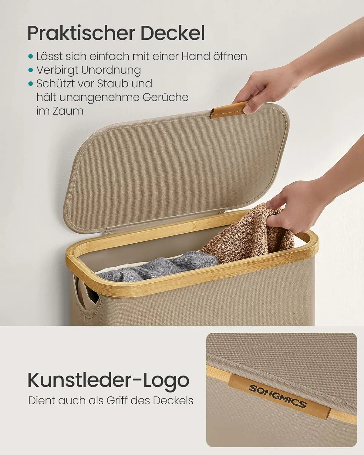 Wäschekorb 65L Bambus kamelbraun Oxford von Songmics