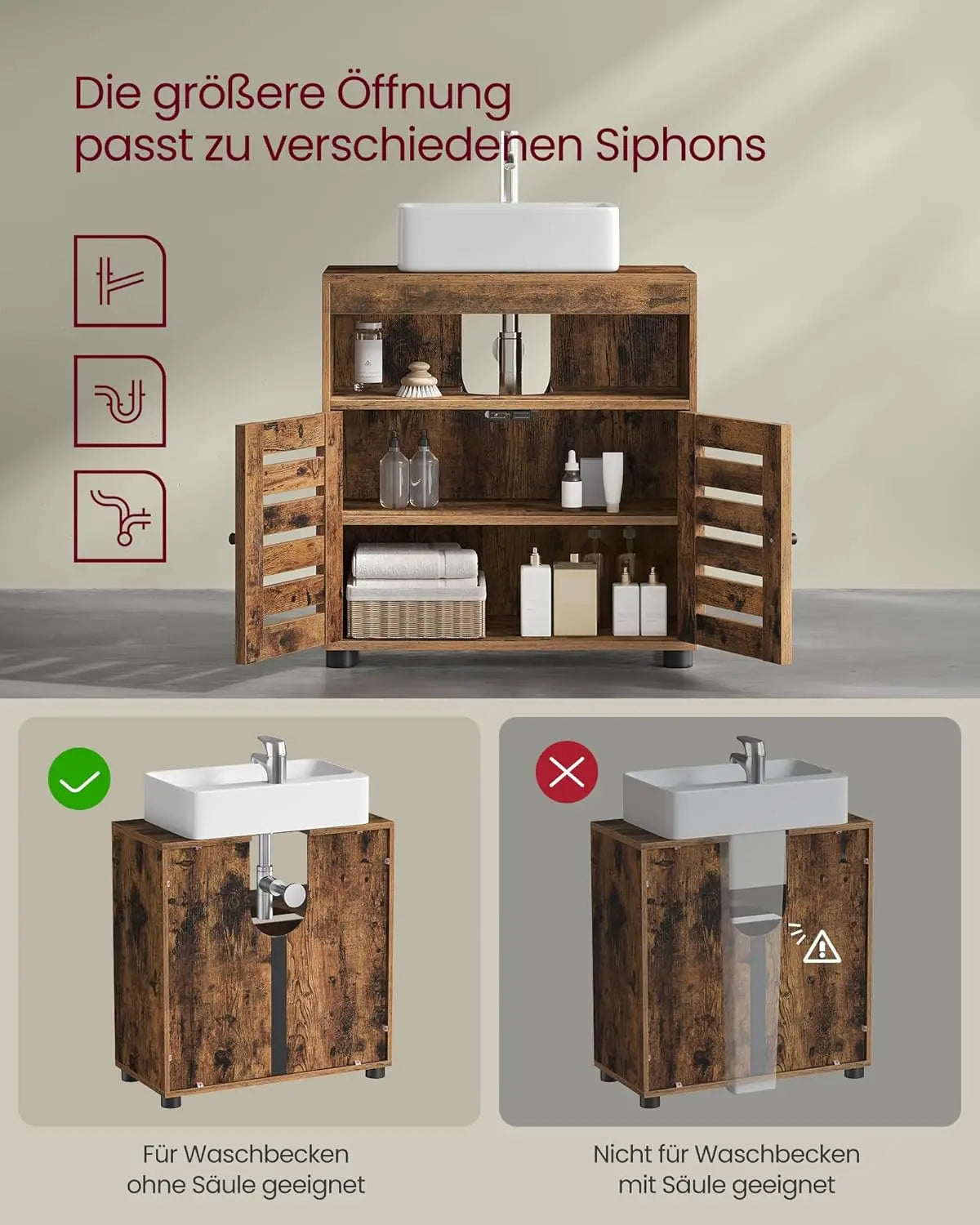 Waschbeckenunterschrank mit Lamellentüren vintagebraun von Songmics