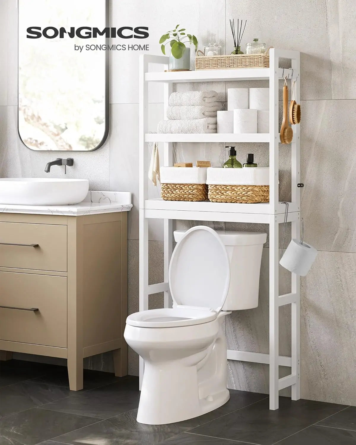 Toilettenregal Bambus 3 Ebenen Weiss von Songmics